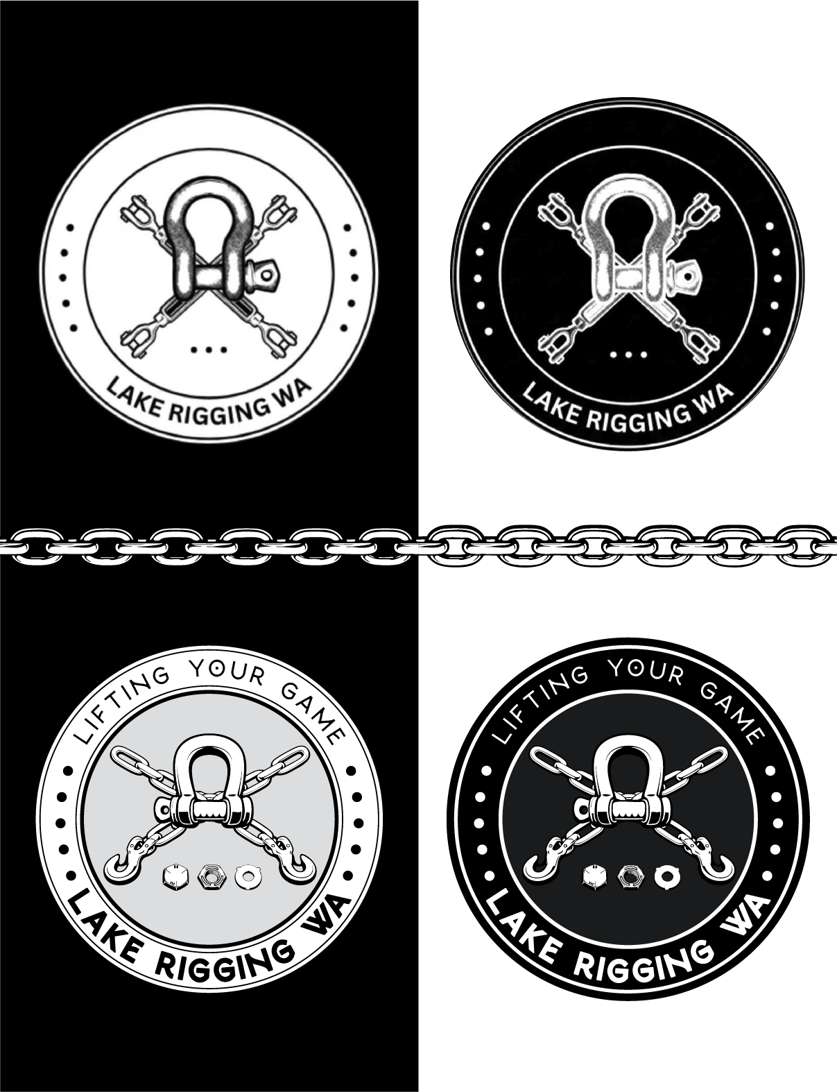 Four circular Lake Rigging WA logos with rigging hardware illustrations and 'Lifting Your Game' text on two, arranged in a 2x2 grid separated by a horizontal chain.