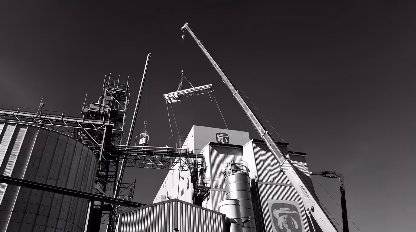 Industrial construction site with cranes lifting large metal structures over factory buildings.